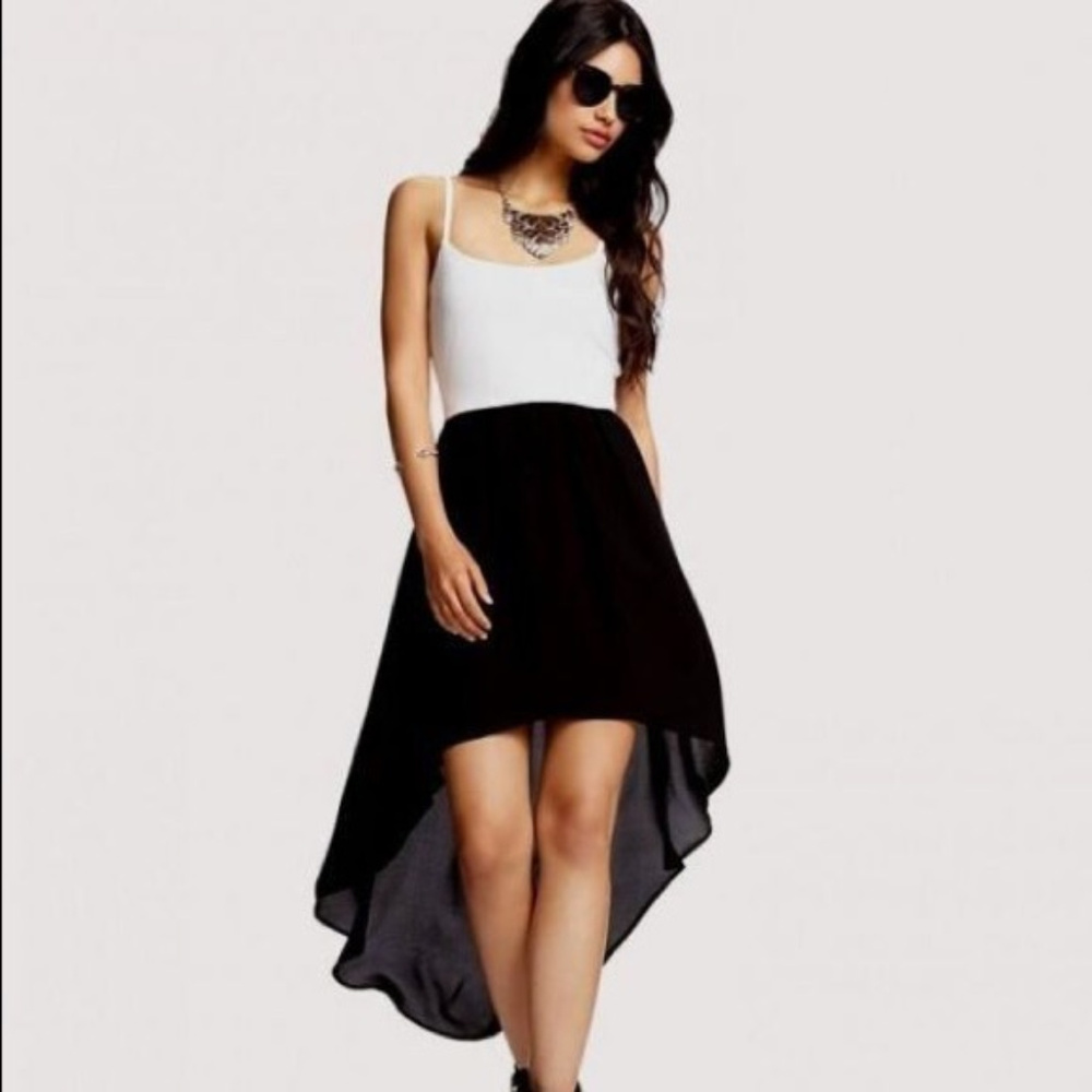 White strapped top with chiffon high low dress